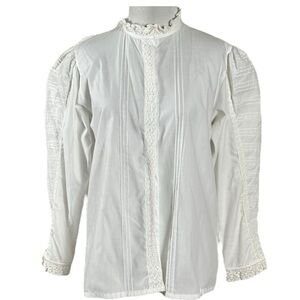 Vintage 70s Edwardian Victorian Puff Sleeve
Lace Button Down Shirt Blouse White